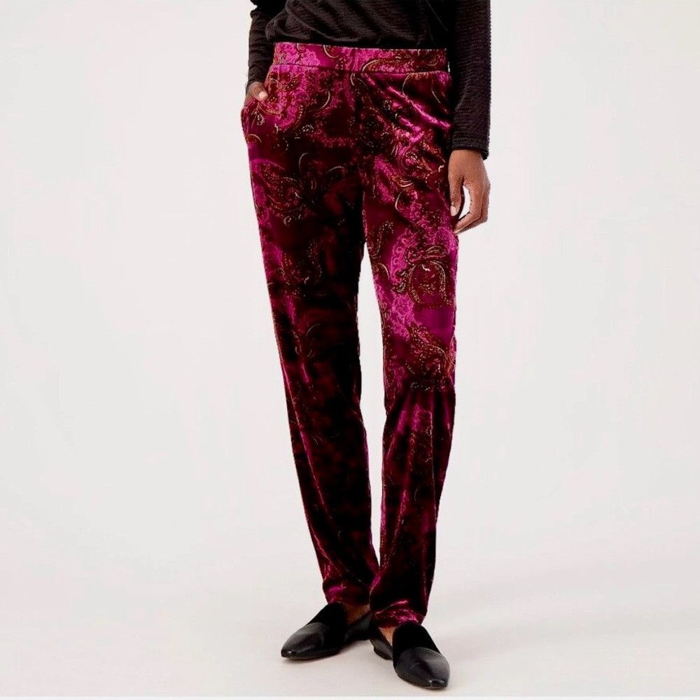 Susan Graver Velvet Slim Leg Pull On Pants Size 3X Berry Amber Paisley Cozy